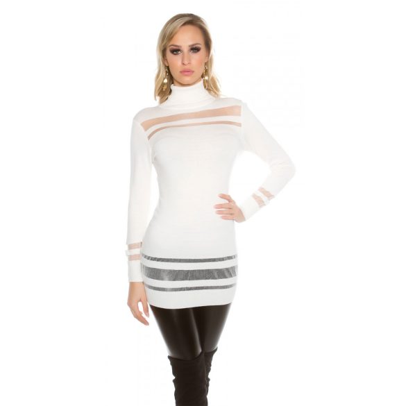Fehér női kötött elegáns pulóver tüll berakással