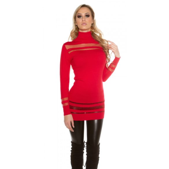 Piros női kötött elegáns pulóver tüll berakással
