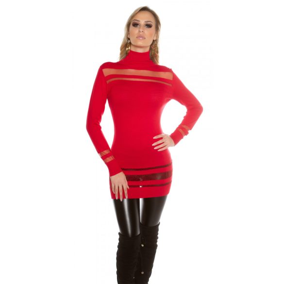 Piros női kötött elegáns pulóver tüll berakással