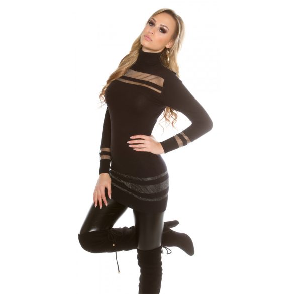 Fekete női kötött elegáns pulóver tüll berakással