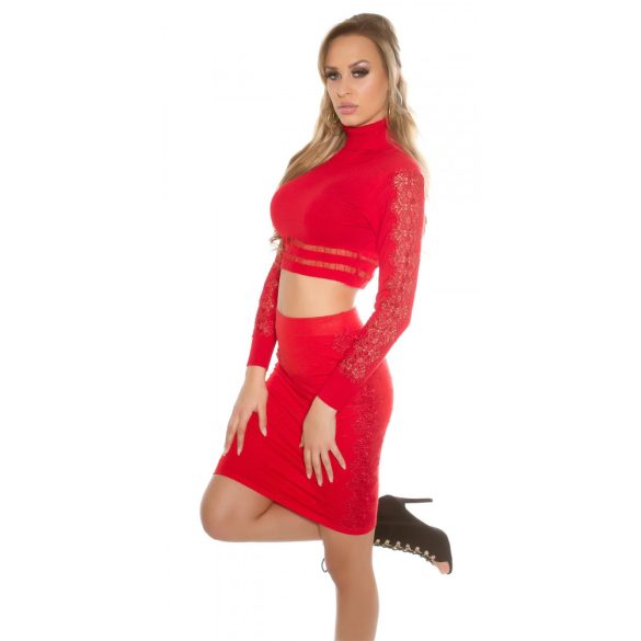 Piros női magasderekú szoknya csipkével