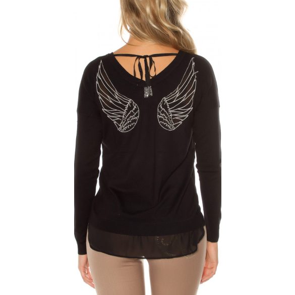 Fekete női angyalszárnyas pulóver