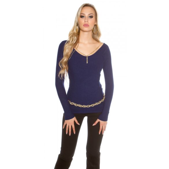 Kék női kötött pulóver különleges láncos díszítéssel