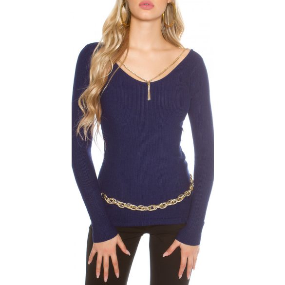 Kék női kötött pulóver különleges láncos díszítéssel