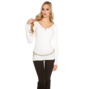   Fehér női kötött pulóver különleges láncos díszítéssel