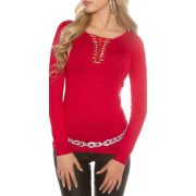 Piros női kötött pulóver fűzős díszítéssel