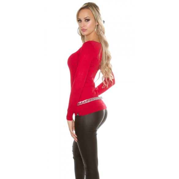 Piros női kötött pulóver fűzős díszítéssel
