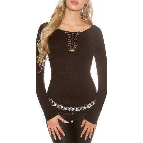 Fekete női kötött pulóver fűzős díszítéssel