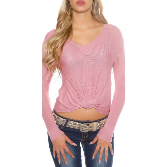 Rózsaszín női csavart elejű kötött pulóver