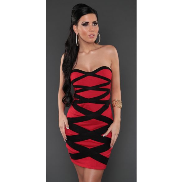 Piros-fekete kereszt csíkos ujjatlan női ruha