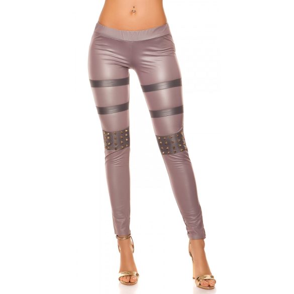 Szürke női sztreccs szegecses bőrhatású leggings