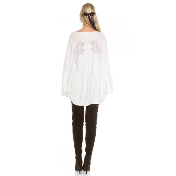 Fehér női kötött poncsó pulóver angyalszárny mintával