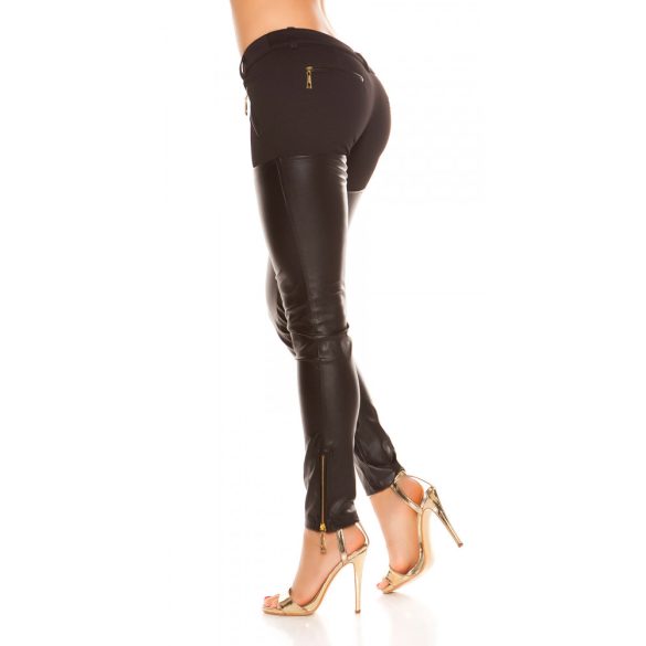 Fekete és bőrhatású női sztreccs nadrág