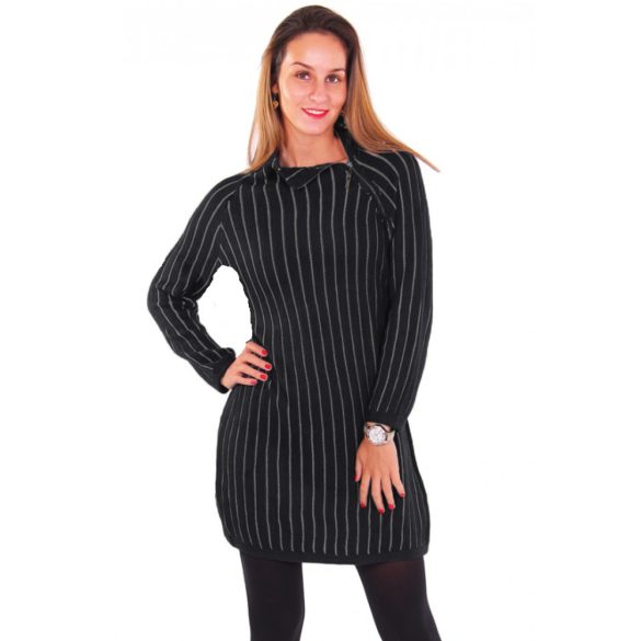 Fekete női kötött oldalt cipőáras csíkos tunika ruha